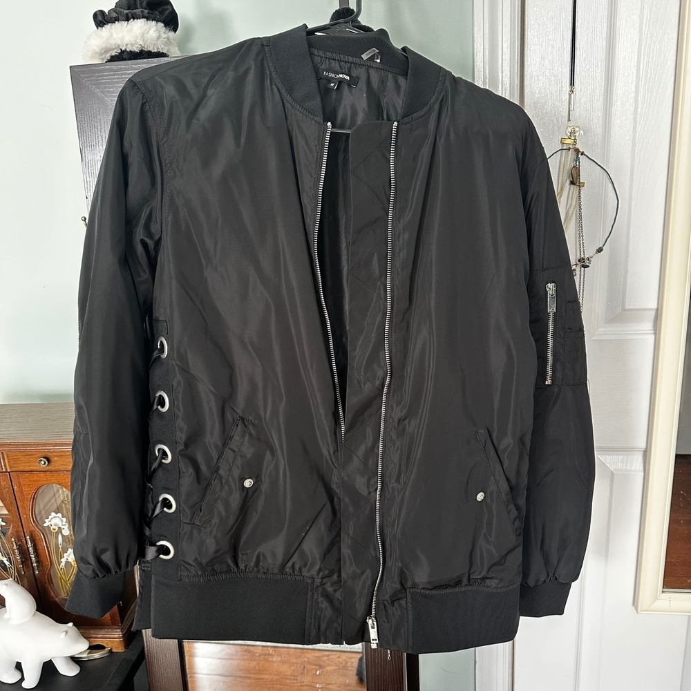 Fashion Nova Bomber Jacket Womens‎ Size M Black Lace Up Side Utility Streetwear